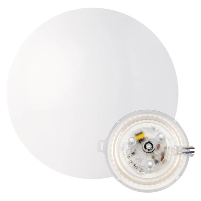 Ein rundes LED-Panellicht mit einer freiliegenden Ansicht, die die interne Schaltung und Komponenten auf der rechten Seite zeigt.
