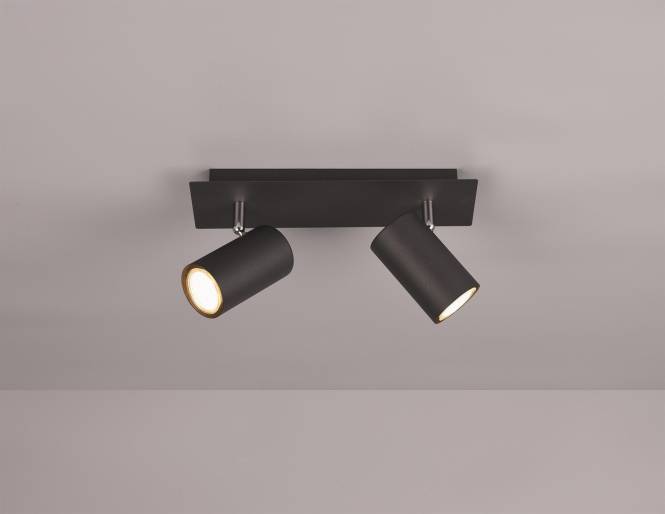Eine an der Decke montierte schwarze Leuchte mit zwei verstellbaren zylindrischen Strahlern, die in unterschiedliche Richtungen zeigen.