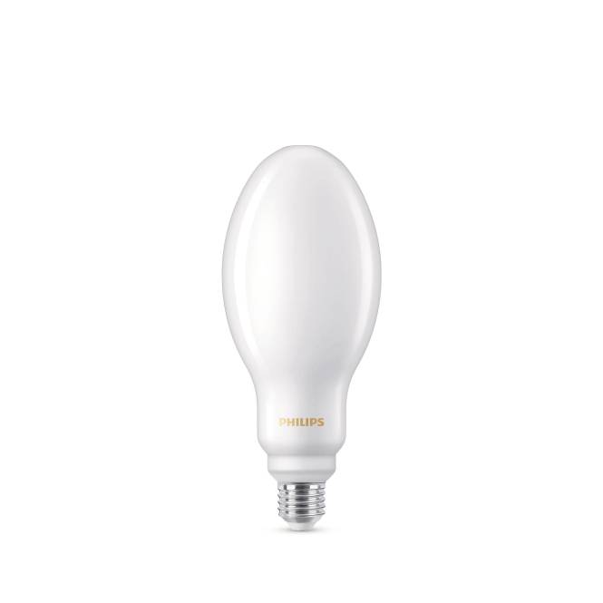 Eine weiße Glühbirne mit silberner Fassung, Marke 'Philips'.