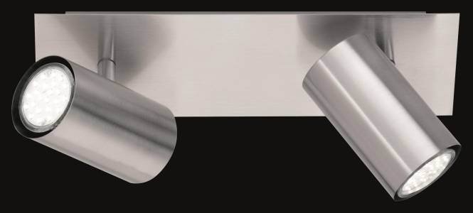 Eine Edelstahlwandhalterung mit zwei verstellbaren zylindrischen Leuchten, die in entgegengesetzten Richtungen gegen einen schwarzen Hintergrund angewinkelt sind.