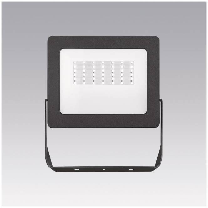 Eine schwarze LED-Flutlichtleuchte mit rechteckigem Design, mit mehreren einzelnen LED-Birnen in einem größeren quadratischen Rahmen, vor einem grauen Hintergrund.