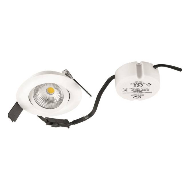 Weiße, eingebaute LED-Einbauleuchte mit verstellbarem Neigungswinkel und schwarzer Blende. Inklusiv kompaktem Treiber für einfache Installation.