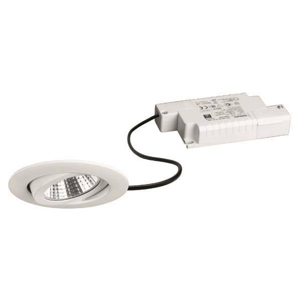 Weiße LED-Einbauleuchte mit verstellbarem Winkel und integriertem Netzteil; zur Deckenmontage geeignet.