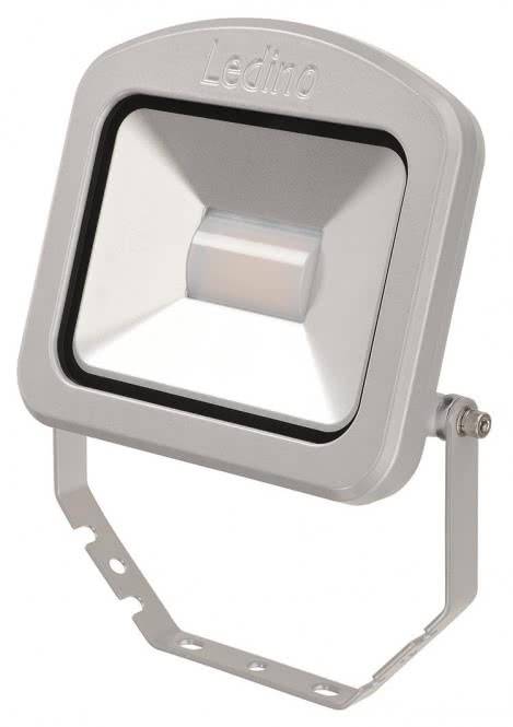 Ein graues quadratisches LED-Flutlicht mit einer Halterung, geeignet für Außenbeleuchtung.