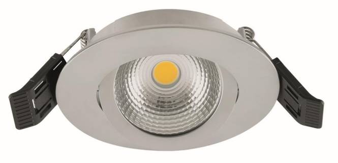 Ein rundes, silberfarbenes, eingelassenes LED-Deckenleuchte mit gelbem Mittelpunkt, konzipiert für die Innenraumbeleuchtung.