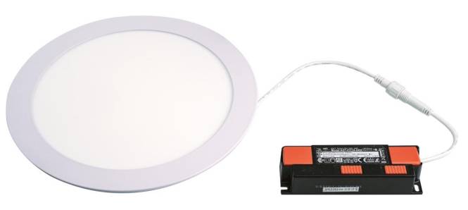 Ein rundes weißes LED-Panelleuchte mit einem über ein Kabel verbundenen Netzteil, geeignet für Deckeninstallationen in modernen Innenräumen.