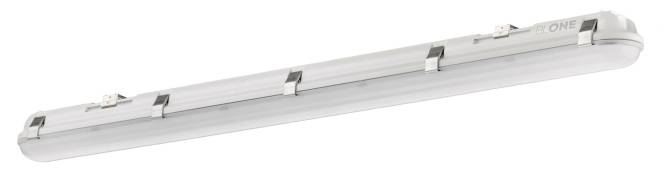 „Eine weiße Leuchtstoffleuchte mit minimalistischem Design und silbernem Befestigungsclip, geeignet für moderne Inneneinrichtungen.