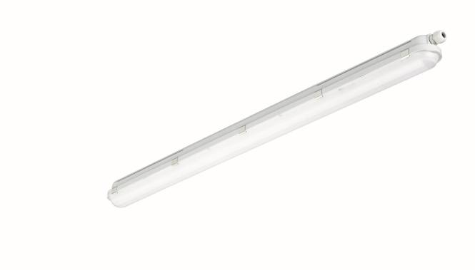 Eine weiße LED-Röhrenleuchte mit langem, elegantem Design, typischerweise für Deckenbeleuchtung in gewerblichen oder industriellen Räumen verwendet.