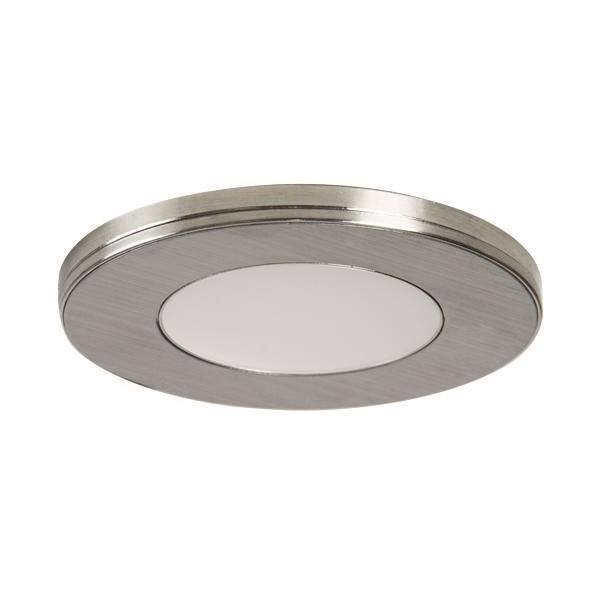 Runde LED-Deckenleuchte mit Oberfläche aus gebürstetem Metall und Abdeckung aus Milchglas. Geeignet für moderne Innenraumbeleuchtungsanwendungen.