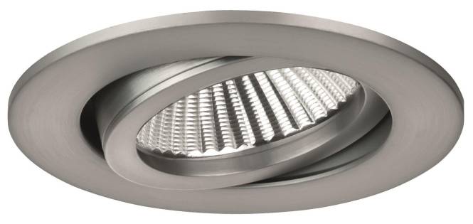 Ein rundes, silbernes, verstellbares LED-Einbauleuchte mit strukturiertem Innenreflektor, entwickelt für gerichtete Deckenbeleuchtung.