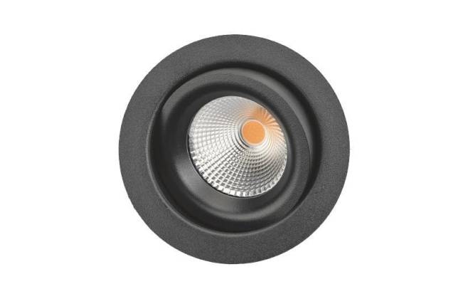 Ein runder, schwarzer, versenkt angebrachter Deckenleuchte mit reflektierendem Inneren und sichtbarer LED-Birne in der Mitte.