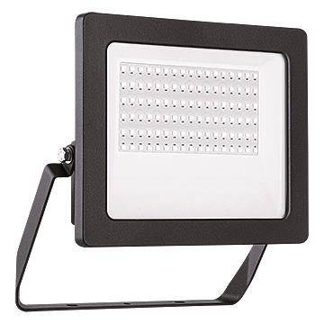 LED-Flutlicht mit schwarzem rechteckigem Rahmen und metallischer Befestigungshalterung.