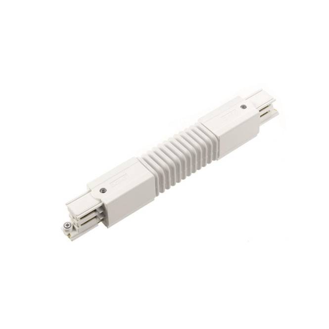 Ein weißer verstellbarer gerader Verbinder für Schienenlicht mit gewelltem Mittelteil für Flexibilität.
