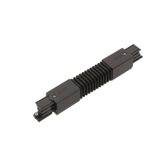 Ein schwarzer Kunststoffkoppler für Schienenbeleuchtung mit flexiblem Mittelteil, der zum Verbinden oder Verlängern von Schienenleuchtensystemen verwendet wird.