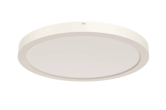 Ein rundes, weißes Deckenleuchten mit modernem, flachem Design von unten betrachtet, auf einer weißen Decke angebracht.