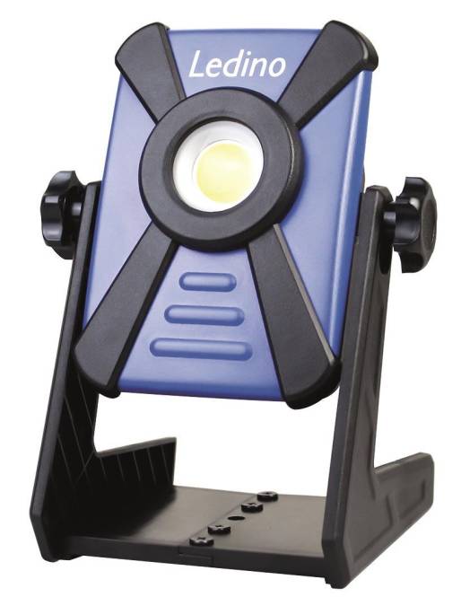 Ein tragbares LED-Arbeitslicht mit blauem Gehäuse, positioniert auf einem verstellbaren schwarzen Ständer. Ideal zur Bereitstellung von fokussierter Beleuchtung.