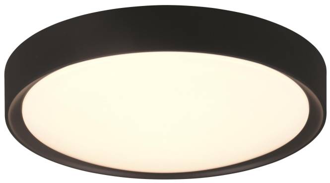 Eine runde, bündig montierte Deckenleuchte mit glatter, schwarzer Blende; gibt ein sanftes, gleichmäßiges Licht ab und eignet sich für moderne Innenräume.