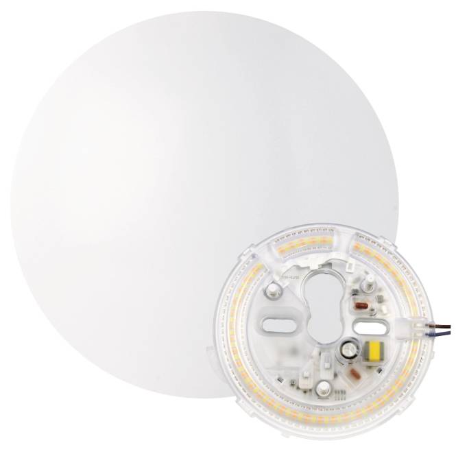 Runde weiße LED-Deckenleuchte mit sichtbarer integrierter Schaltung, die mehrere kleine Komponenten und einen Anschlussport zeigt.