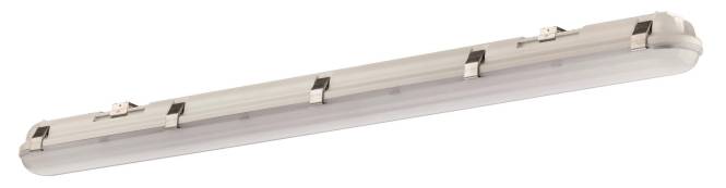 Eine Nahaufnahme einer an der Decke montierten Leuchtstoffleuchte mit weißem Gehäuse und einer sichtbaren Metallklammer zur Flächenbeleuchtung.