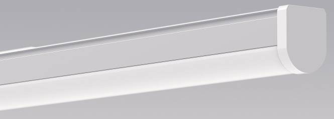 Eine Nahaufnahme einer eleganten, modernen weißen Leuchtstoffleuchte an einer glatten Decke, die weiches weißes Licht ausstrahlt.