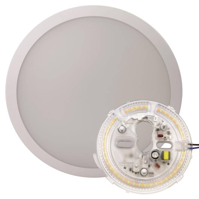 Runde LED-Deckenleuchte mit abnehmbarer elektronischer Komponente, die interne Schaltkreise und Verdrahtung zeigt.