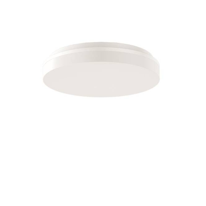 Ein runder, flacher, weißer Deckenleuchte mit glattem Design.