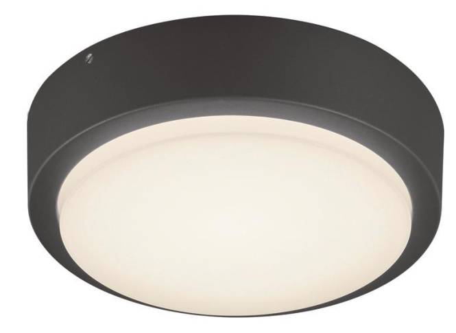 Eine runde, bündig in der Decke montierte Deckenleuchte mit schwarzem Rahmen und weißem Diffusor, die Raumbeleuchtung bietet.