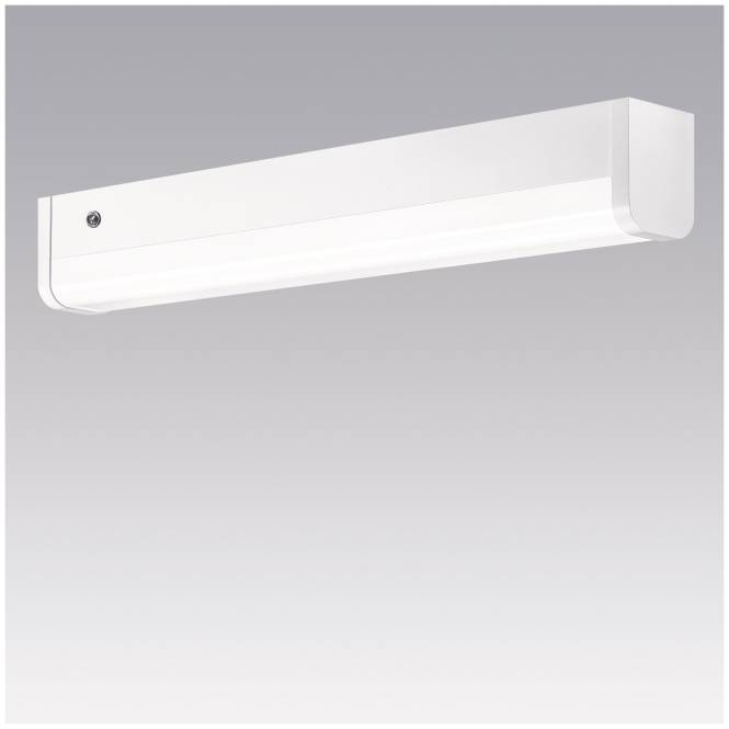 Eine rechteckige weiße LED-Wandleuchte mit schlankem, modernem Design vor einem verlaufenden grauen Hintergrund.