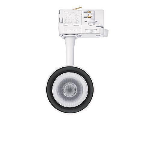 Deckenmontierter schwarz-weißer Strahler mit verstellbarem Kopf, konzipiert für gerichtete Beleuchtung. Geeignet für moderne Innenräume.