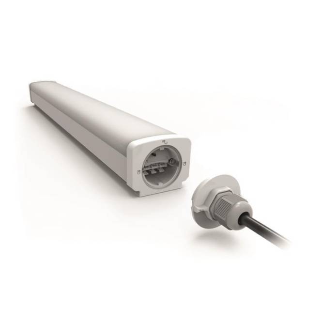 Eine zylindrische motorisierte Einheit mit Anschluss, möglicherweise zur Verwendung in automatisierten Systemen, dargestellt getrennt von ihrem Verbindungskabel.