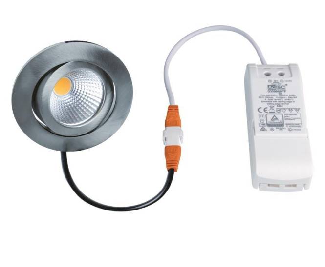 Ein LED-Deckeneinbauleuchte mit metallischem Rahmen, verbunden mit einem weißen Stromversorgungsgerät mit gekennzeichneten technischen Spezifikationen und Zertifizierungssymbolen.