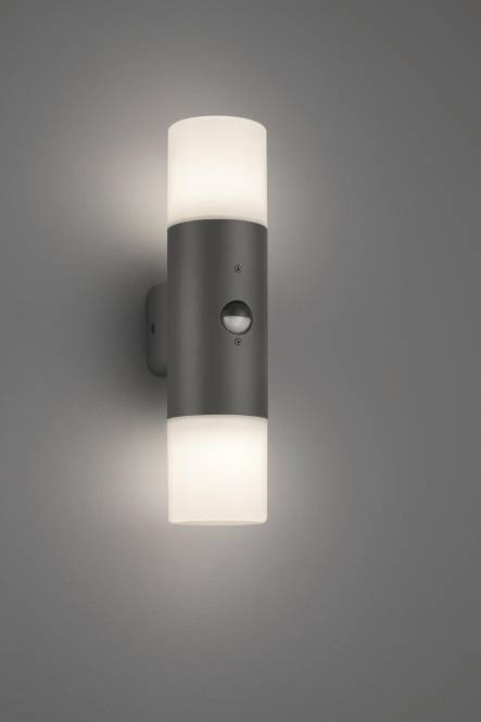 Ein moderner, zylindrischer Wandleuchter mit matter schwarzer Oberfläche und satinierten Glasdiffusoren oben und unten, montiert auf einer grauen Wand.