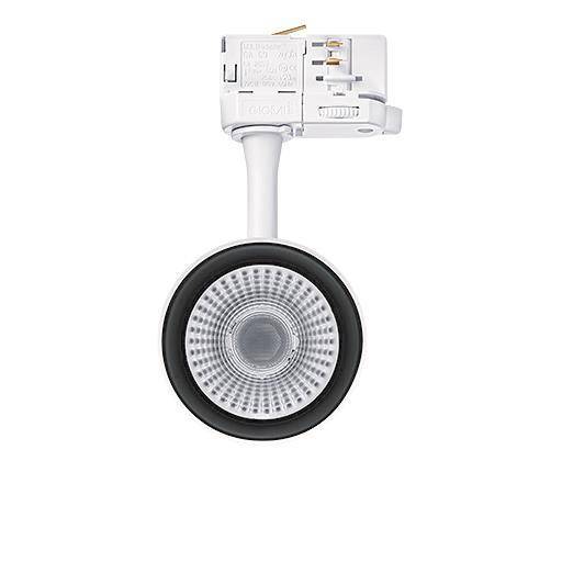 Eine weiße, in die Decke eingelassene LED-Leuchte mit rundem, schwarzem Rand-Design, von vorne betrachtet.