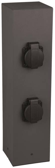 Eine Nahaufnahme einer vertikalen schwarzen Elektrosteckdose mit zwei abgedeckten Steckplätzen, die die Schutzklappen in ihrer Position zeigt.