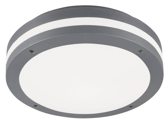 Eine runde, graue Deckenleuchte mit einem weißen Diffusor und zwei Metallbändern, die sie umschließen, mit vier sichtbaren Schrauben.