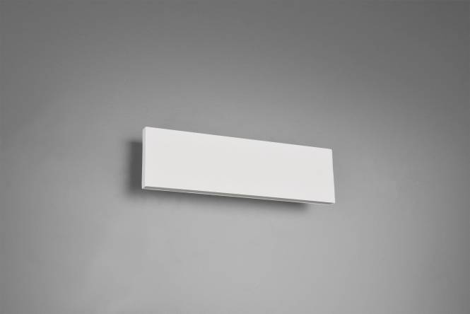 Ein schlichtes, rechteckiges weißes Wandelement vor grauem Hintergrund, das einen feinen Schatten wirft.