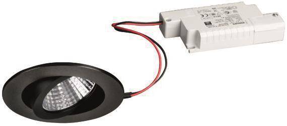 Ein rundes schwarzes LED-Leuchten-Gehäuse mit roten und schwarzen Drähten ist mit einem weißen elektronischen Bauteil verbunden.