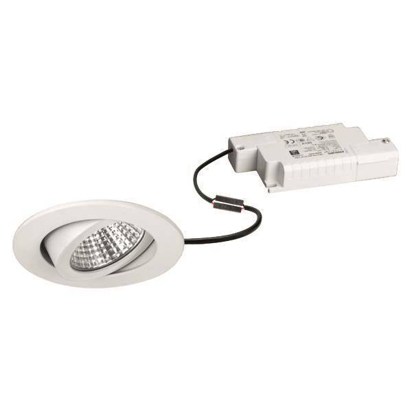 Bündige weiße LED-Einbauleuchte mit Trafo, mit verstellbarer Spotlightfunktion und kompaktem Design für die Deckenmontage.