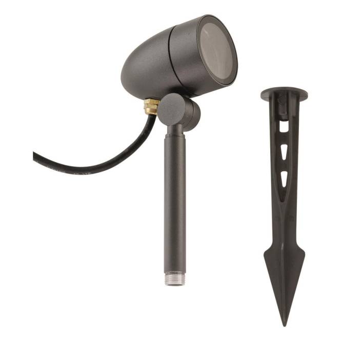 Außenbodenleuchte mit Spieß zur sicheren Befestigung. Die Leuchte hat einen zylindrischen Korpus und einen verstellbaren Kopf für gezielt gerichtetes Licht.