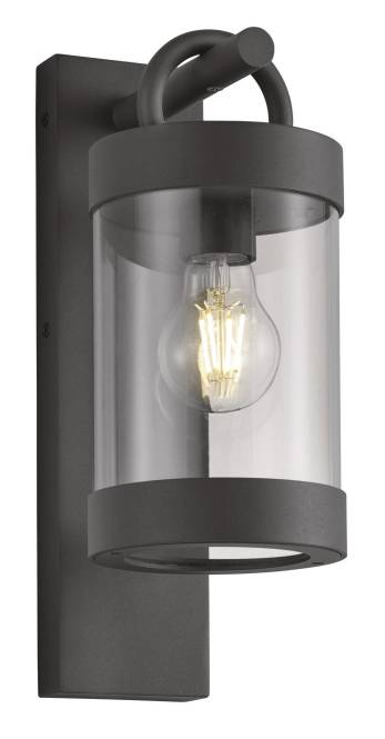 Eine an der Wand montierte zylindrische Leuchte mit klarem Glas und einer sichtbaren Glühfadenlampe im Inneren, die ein warmes Licht ausstrahlt, umrahmt von einem dunklen Metallgehäuse.