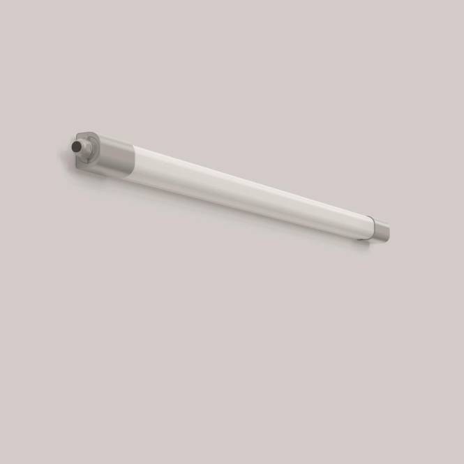 Ein weißes und graues zylindrisches Objekt erscheint vor einem einfachen Hintergrund und ähnelt einer Leuchtstoffröhre oder LED-Leuchte.