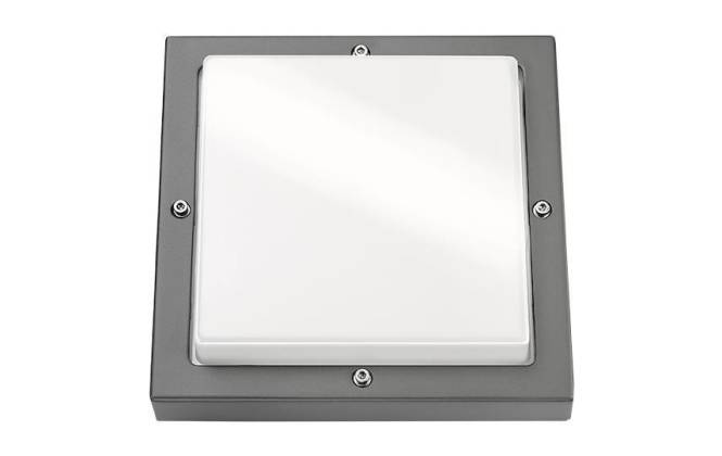 Eine quadratische, aufgesetzte LED-Leuchte mit grauem Metallrahmen und weißem Diffusor.