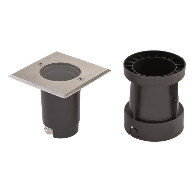 Eingebaute runde LED-Leuchte mit quadratischem Metalloberteile, schwarzem Sockel und separat gezeigtem Montageelement.