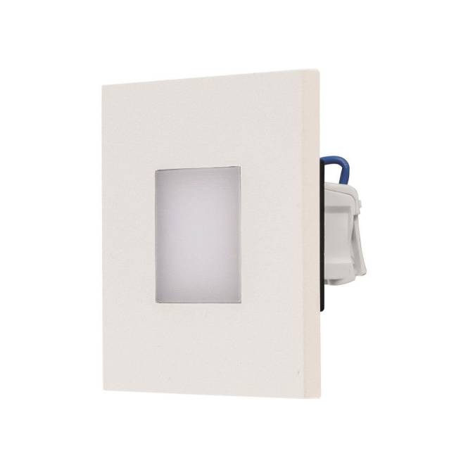 Ein weißes LED-Stufenlicht mit rechteckiger Blende und subtil diffusem Licht, geeignet zur Beleuchtung von Treppen im Innen- oder Außenbereich.