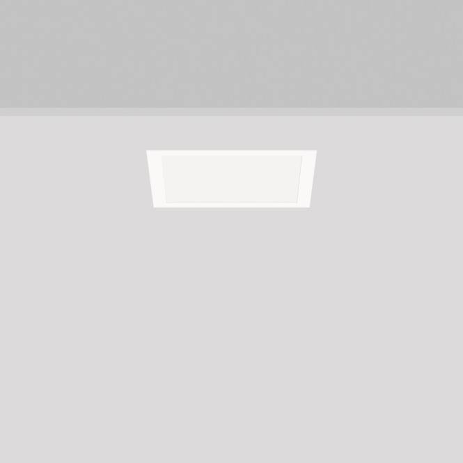 Ein minimalistisches Bild, das eine einzelne rechteckige weiße Deckenleuchte vor einem einfachen grauen Hintergrund zeigt.