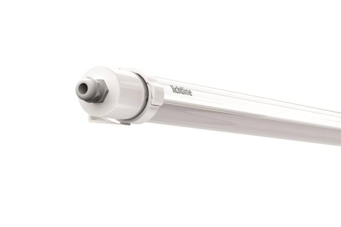 Eine weiße LED-Röhrenleuchte mit zylindrischem Design, mit Markennamen auf der Oberfläche, geeignet für Innenbeleuchtungsanwendungen.