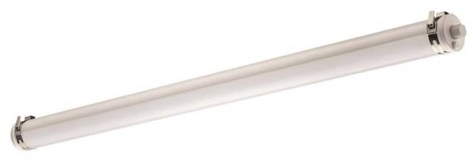 Eine Leuchtstoffröhre mit weißem und grauem Finish, diagonal auf weißem Hintergrund ausgerichtet.