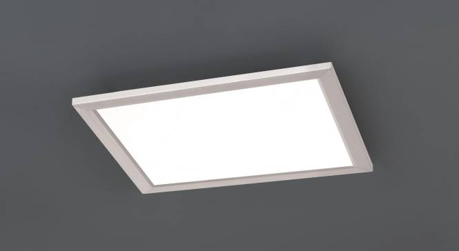 Eine quadratische, flache LED-Deckenleuchte mit dünnem weißem Rahmen vor dunkelgrauem Hintergrund.