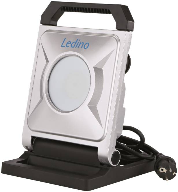 Eine silberne LED-Flutlichtleuchte mit kreisförmigem Lichtzentrum und dem Markennamen „Ledino