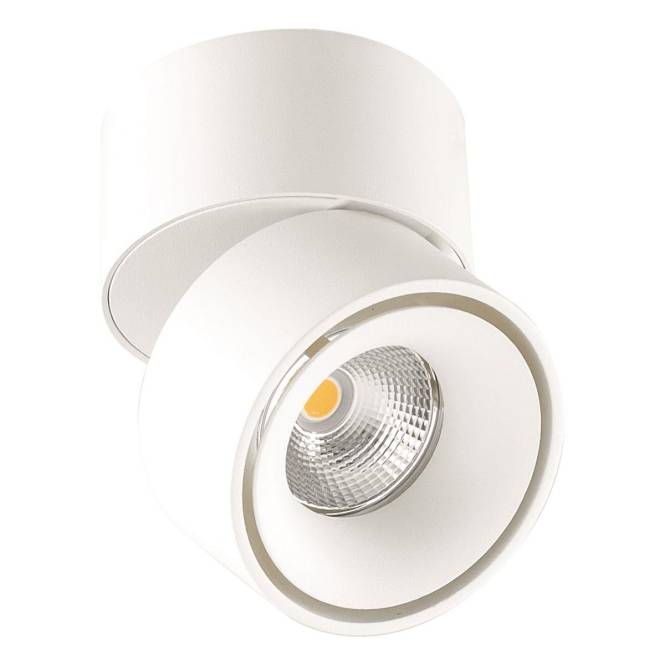 Ein weißer zylindrischer LED-Deckenspot mit modernem Design, der sein reflektierendes Inneres und die Glühbirne zeigt, geeignet für zeitgenössische Räume.